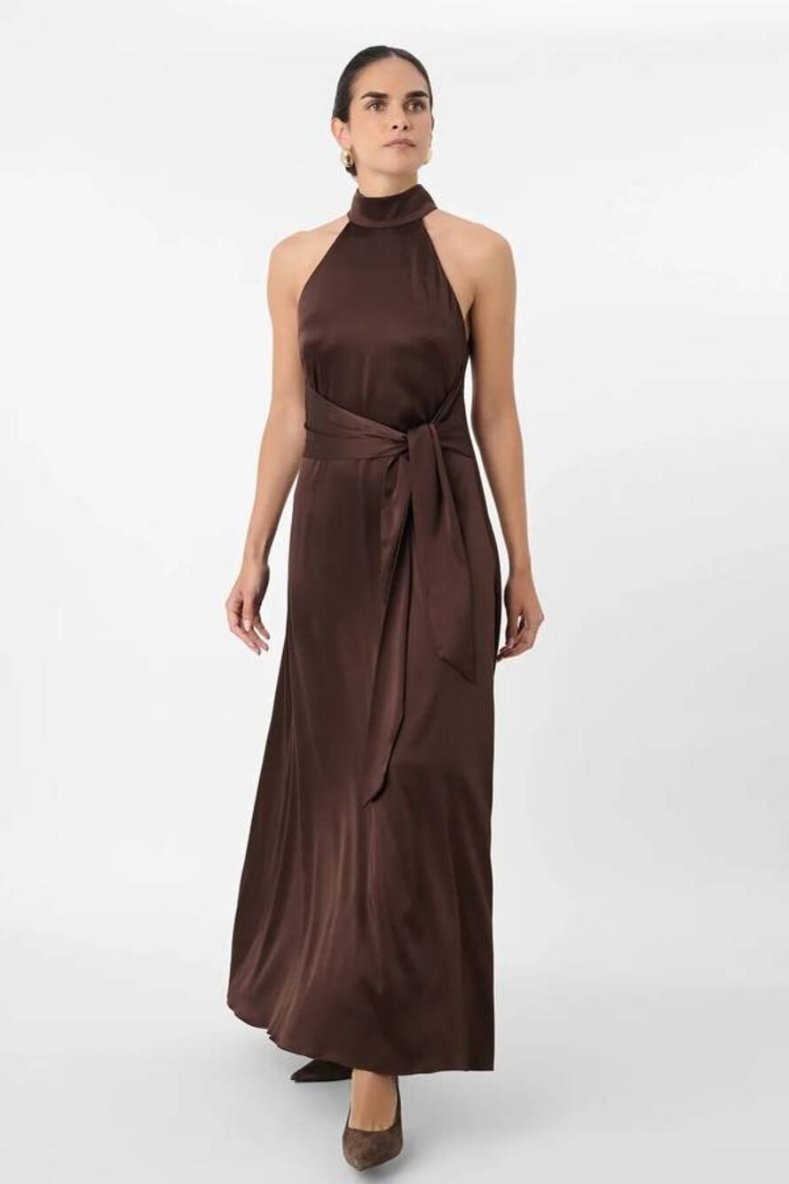Toccin Jocelyn Tie Front Satin Maxi Dress in Espresso M
